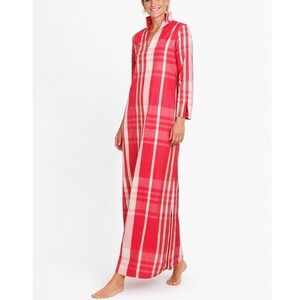Petit Peony Plaid Kate Caftan Maxi Dress Womens XS Red White Long Sleeve Preppy